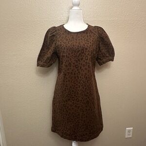 Universal Thread Dress Leopard Puff‎ Sleeve Denim Stretch Pockets Casual Size 10